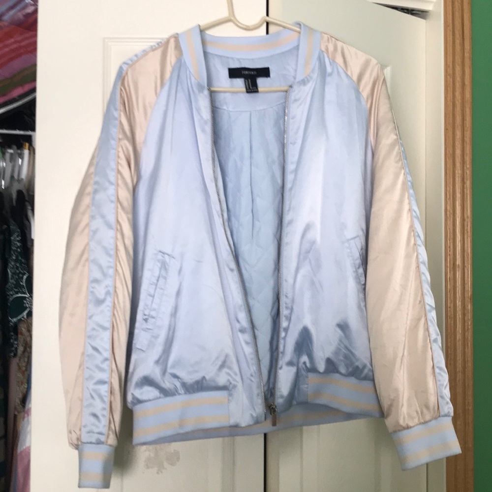 Silky blue and cream colored bomber jacket